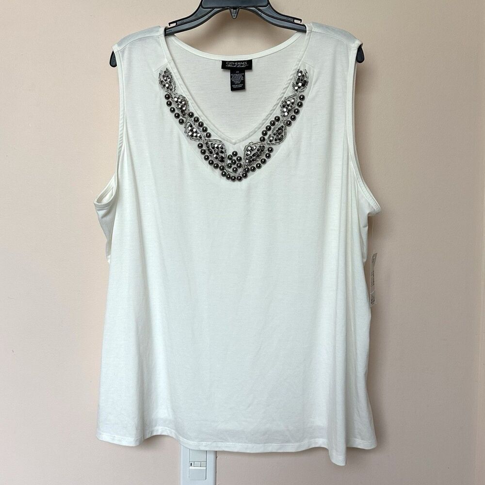 Catherine’s Top 2X Sleeveless Cream Pullover Beaded Career Preppy Quiet Lux NWT